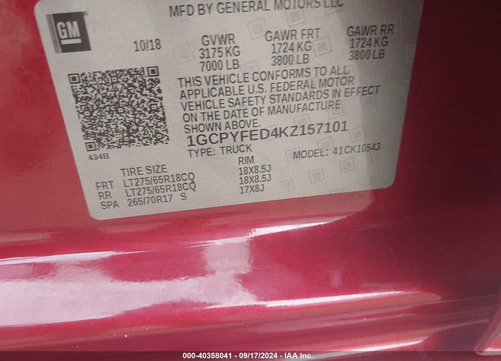 2019 CHEVROLET SILVERADO 1500 LT TRAIL BOSS VIN: 1GCPYFED4KZ157101