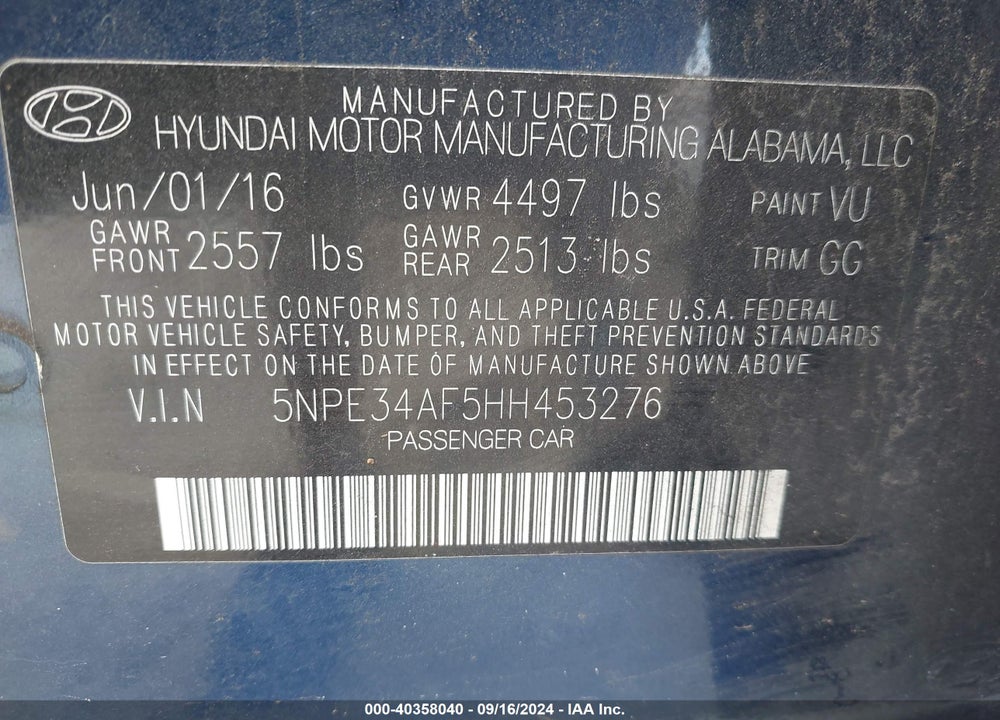 2017 HYUNDAI SONATA SPORT VIN: 5NPE34AF5HH453276
