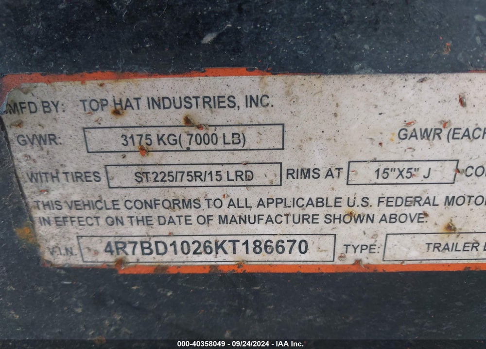 2019 TOP HAT INDUSTRIES INC TRAILER VIN: 4R7BD1026KT186670
