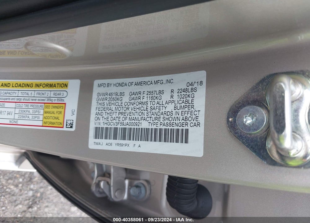 2018 HONDA ACCORD HYBRID EX-L VIN: 1HGCV3F59JA000921
