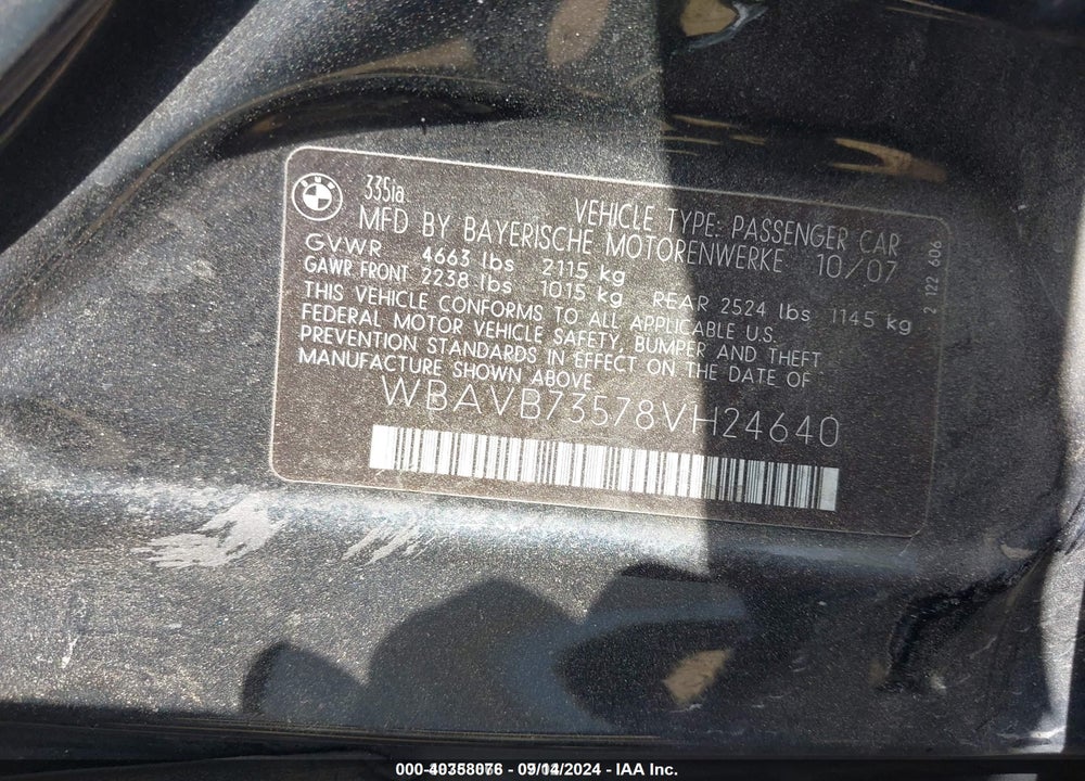 2008 BMW 335I VIN: WBAVB73578VH24640