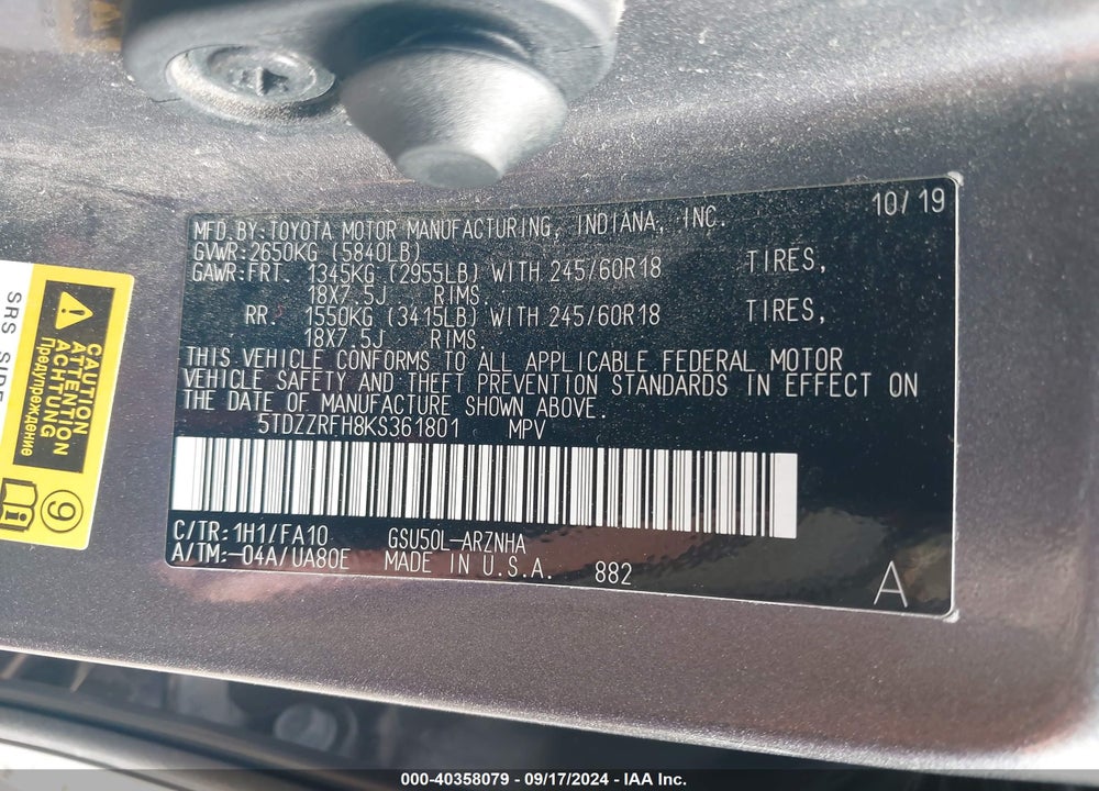 2019 TOYOTA HIGHLANDER LE PLUS VIN: 5TDZZRFH8KS361801