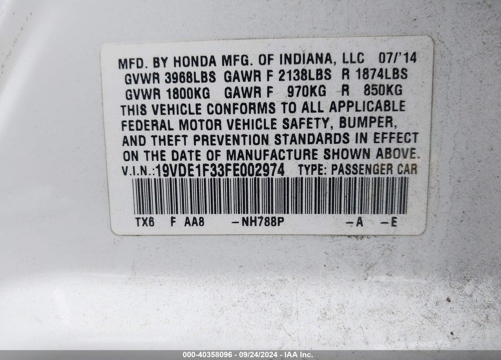 2015 ACURA ILX 2.0L VIN: 19VDE1F33FE002974