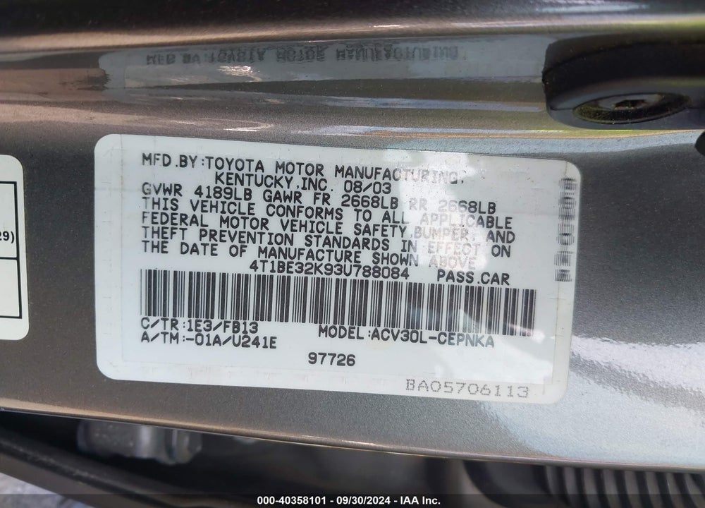 2003 TOYOTA CAMRY LE VIN: 4T1BE32K93U788084