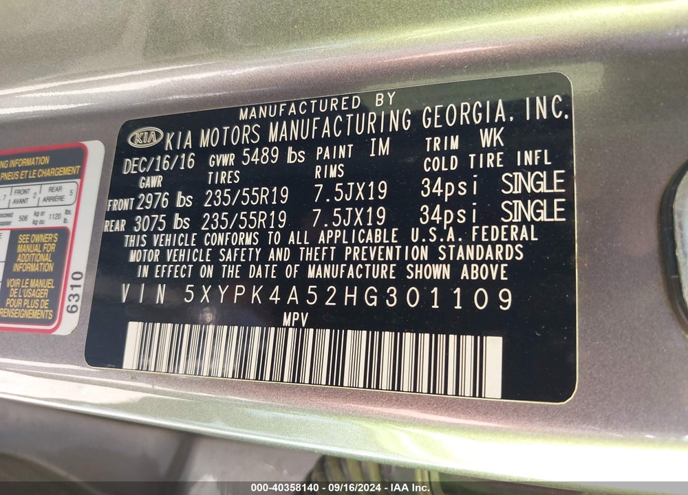 2017 KIA SORENTO 3.3L SXL VIN: 5XYPK4A52HG301109