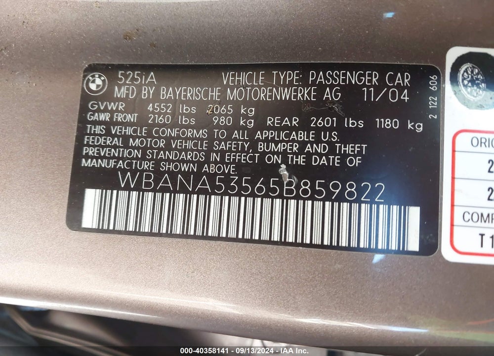 2005 BMW 525I VIN: WBANA53565B859822