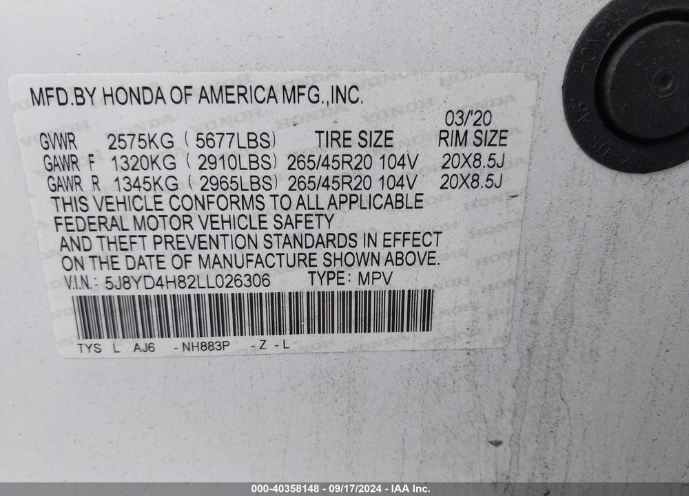 2020 ACURA MDX ADVANCE PACKAGE VIN: 5J8YD4H82LL026306