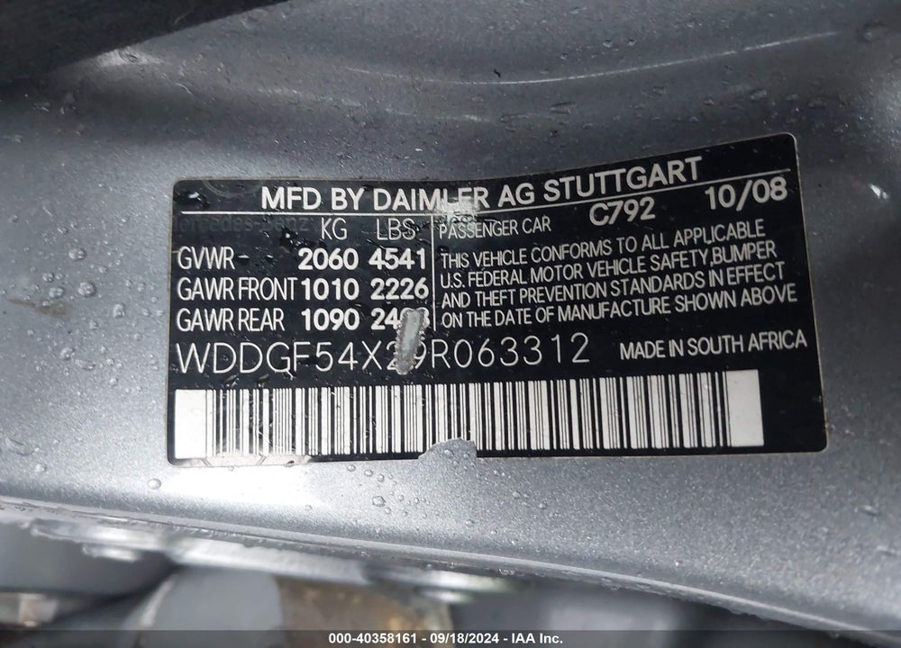 2009 MERCEDES-BENZ C 300 LUXURY/SPORT VIN: WDDGF54X29R063312