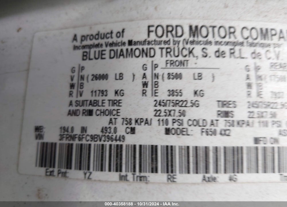 2011 FORD F-650 XL/XLT VIN: 3FRNF6FC9BV396449
