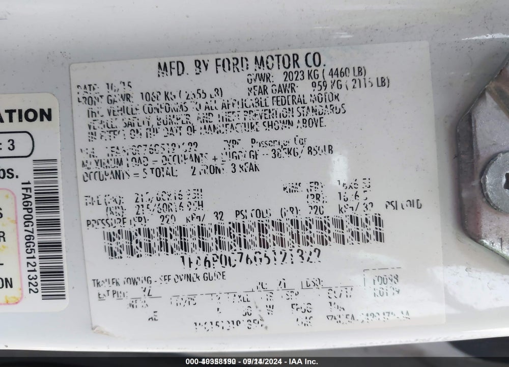 2016 FORD FUSION S VIN: 1FA6P0G76G5121322