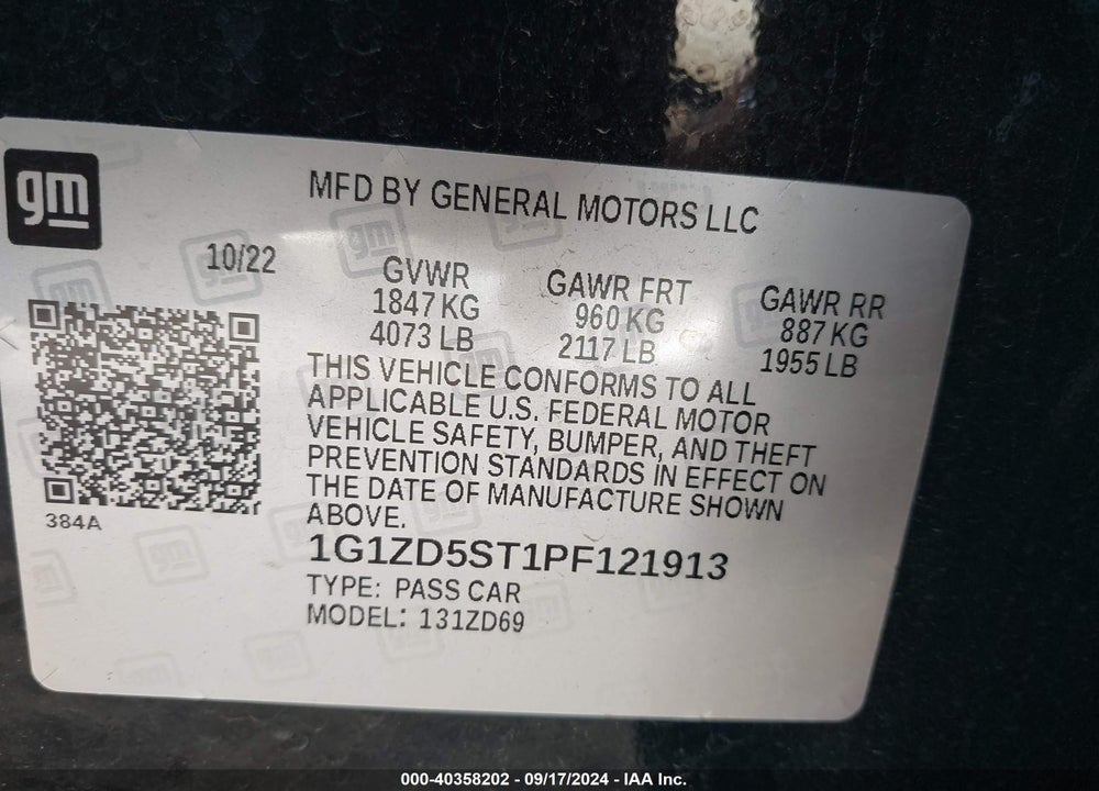 2023 CHEVROLET MALIBU FWD 1LT VIN: 1G1ZD5ST1PF121913
