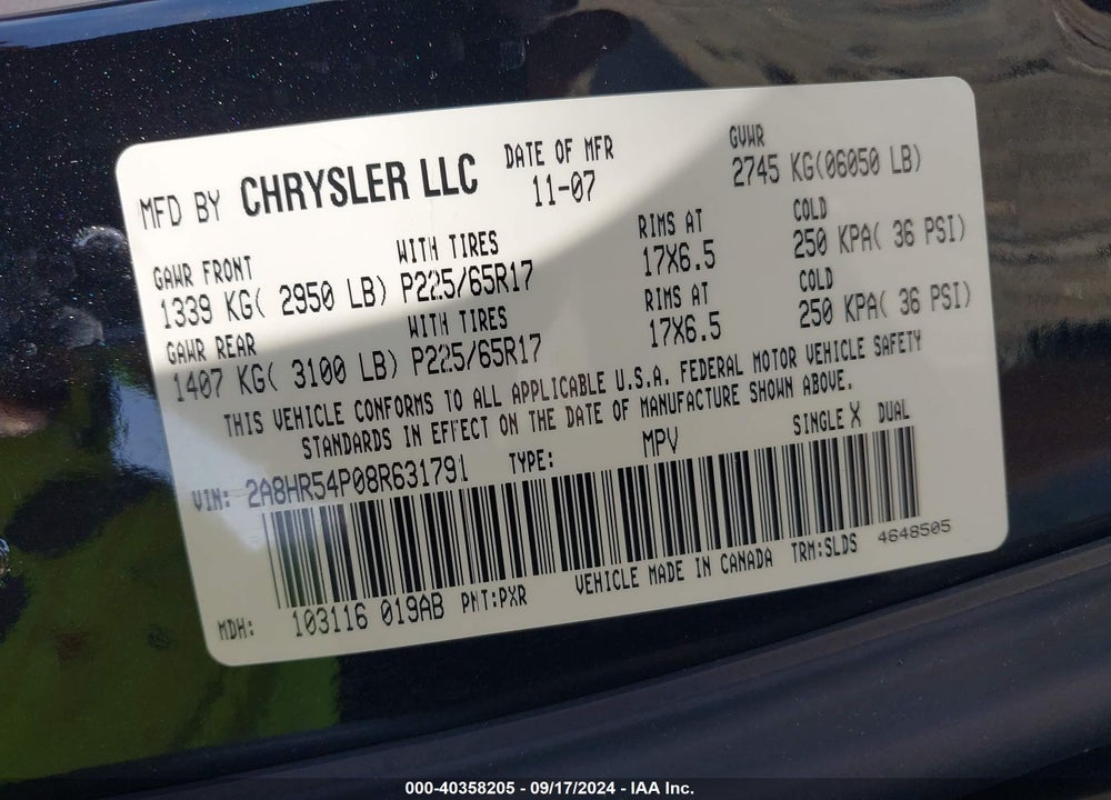 2008 CHRYSLER TOWN & COUNTRY VIN: 2A8HR54P08R631791