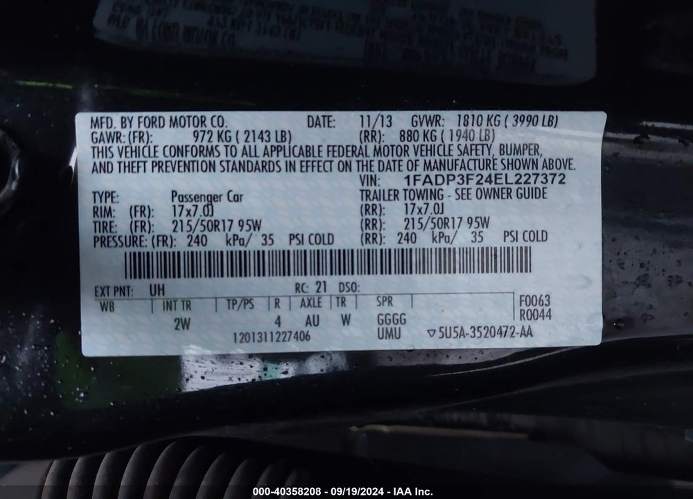 2014 FORD FOCUS SE VIN: 1FADP3F24EL227372