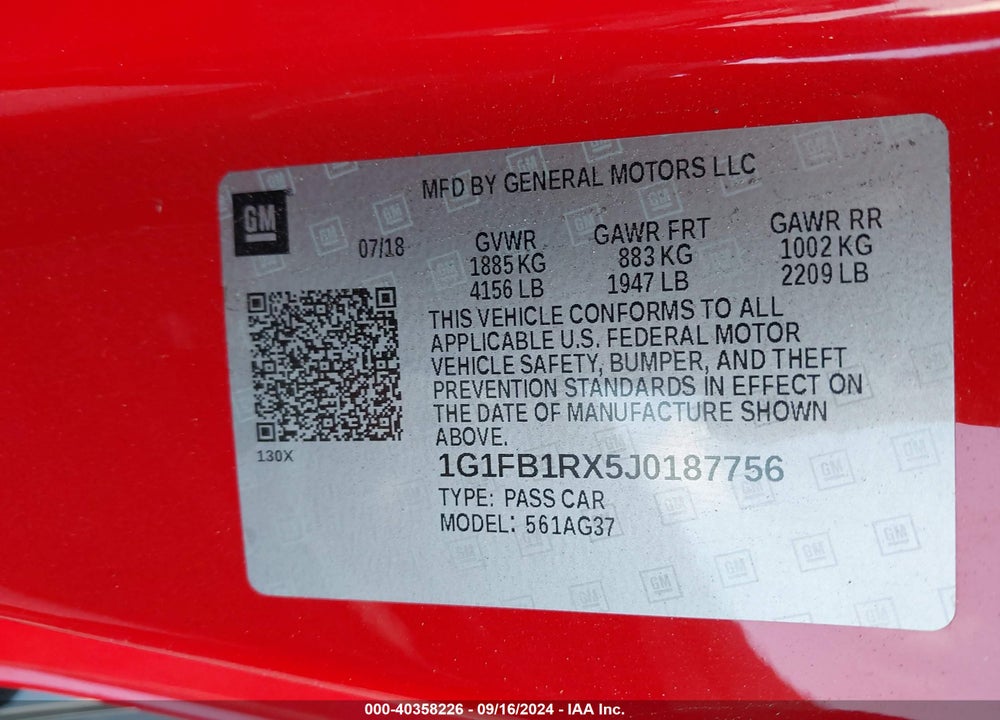 2018 CHEVROLET CAMARO 1LT VIN: 1G1FB1RX5J0187756