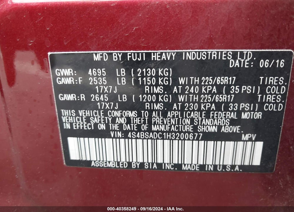 2017 SUBARU OUTBACK 2.5I PREMIUM VIN: 4S4BSADC1H3200677