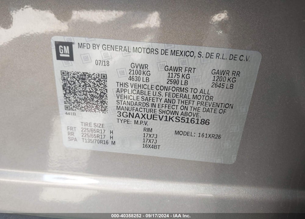 2019 CHEVROLET EQUINOX LT VIN: 3GNAXUEV1KS516186