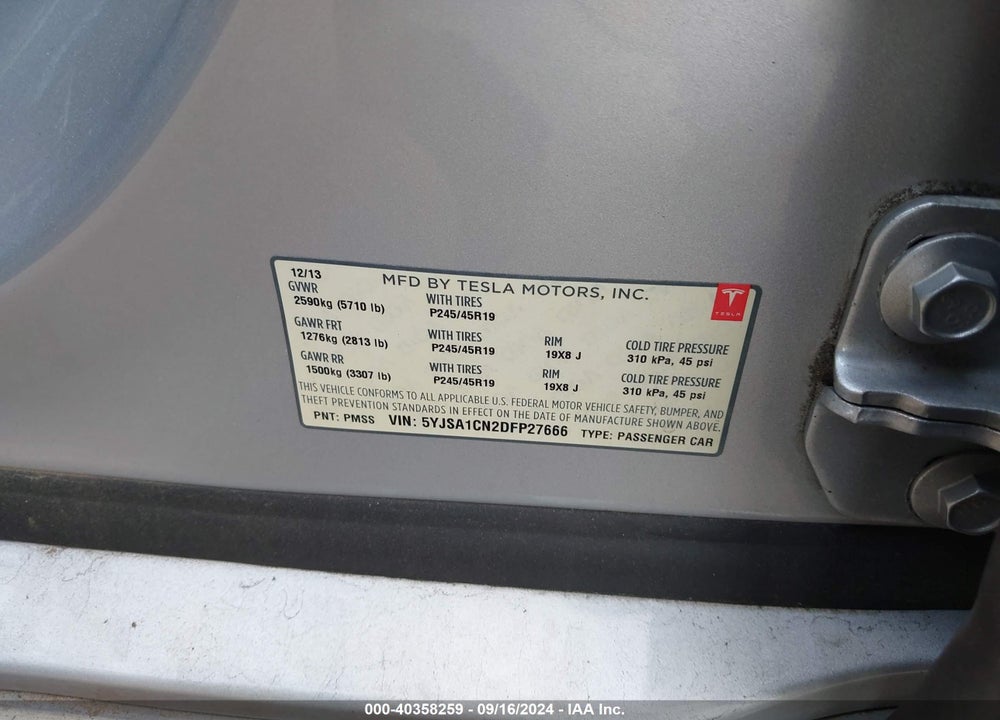 2013 TESLA MODEL S VIN: 5YJSA1CN2DFP27666