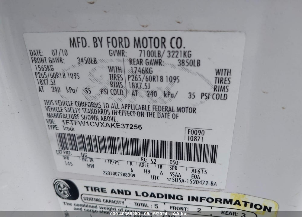 2010 HARLEY-DAVIDSON FORD F-150 FX2 SPORT//KING RANCH/LARIAT/PLATINUM/XL/XLT VIN: 1FTFW1CVXAKE37256