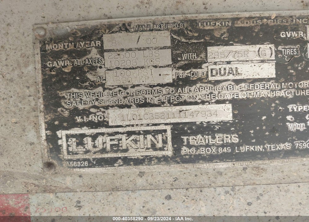 2001 LUFKIN INDUSTRIES DUMP VIN: 1L01C352111147934
