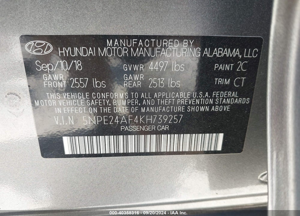 2019 HYUNDAI SONATA VIN: 5NPE24AF4KH739257