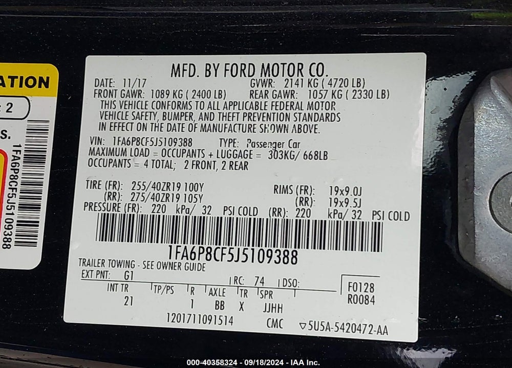 2018 FORD MUSTANG GT VIN: 1FA6P8CF5J5109388