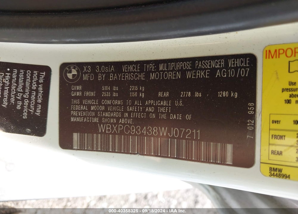2008 BMW X3 3.0SI VIN: WBXPC93438WJ07211