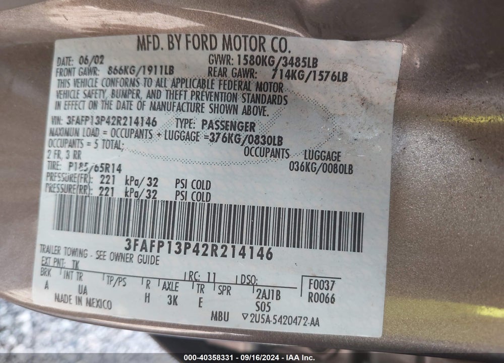 2002 FORD ESCORT FLEET VIN: 3FAFP13P42R214146