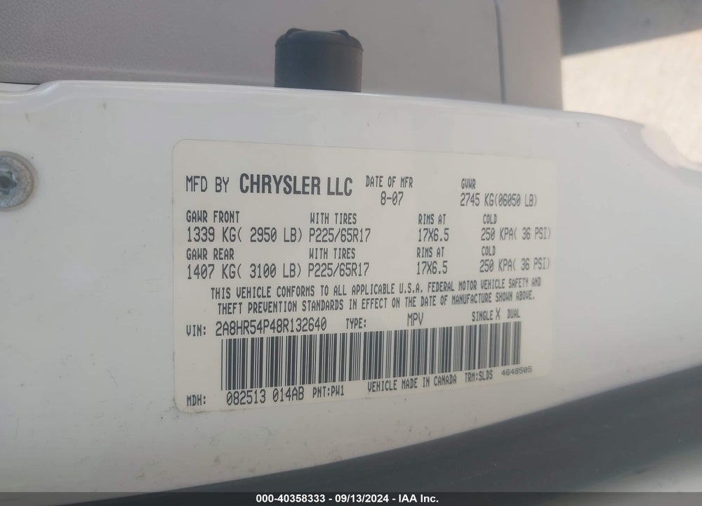 2008 CHRYSLER TOWN & COUNTRY TOURING VIN: 2A8HR54P48R132640