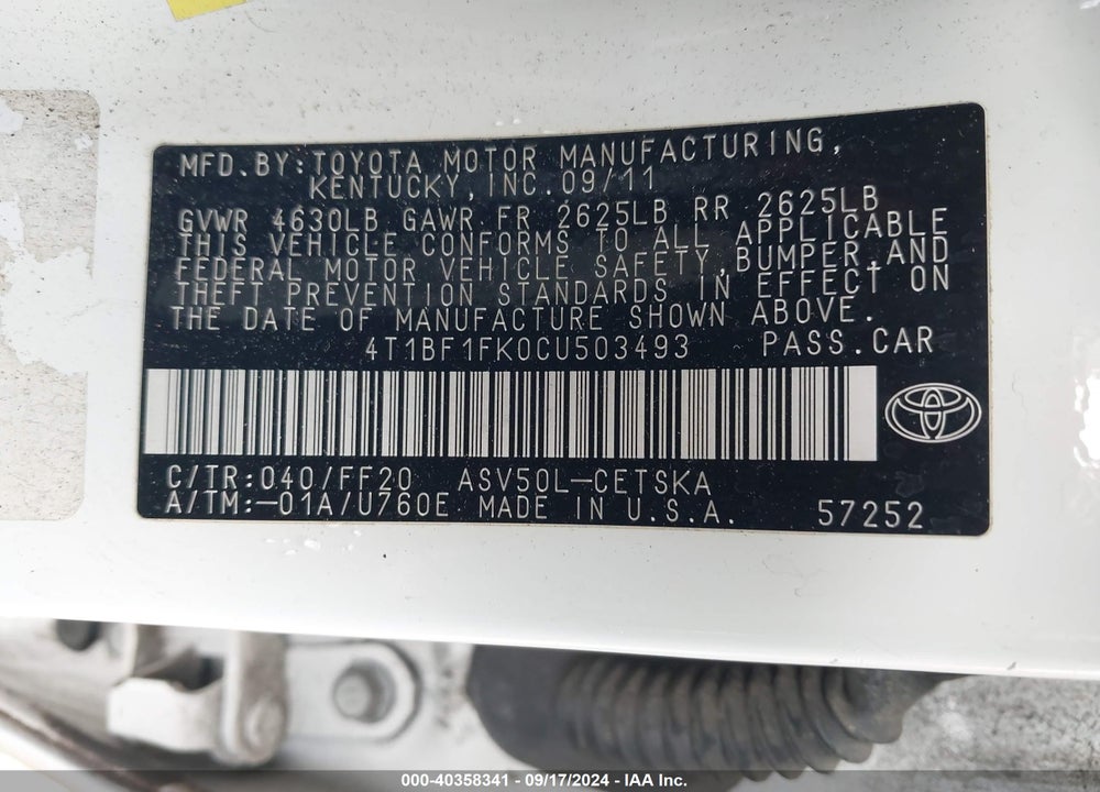 2012 TOYOTA CAMRY SE VIN: 4T1BF1FK0CU503493