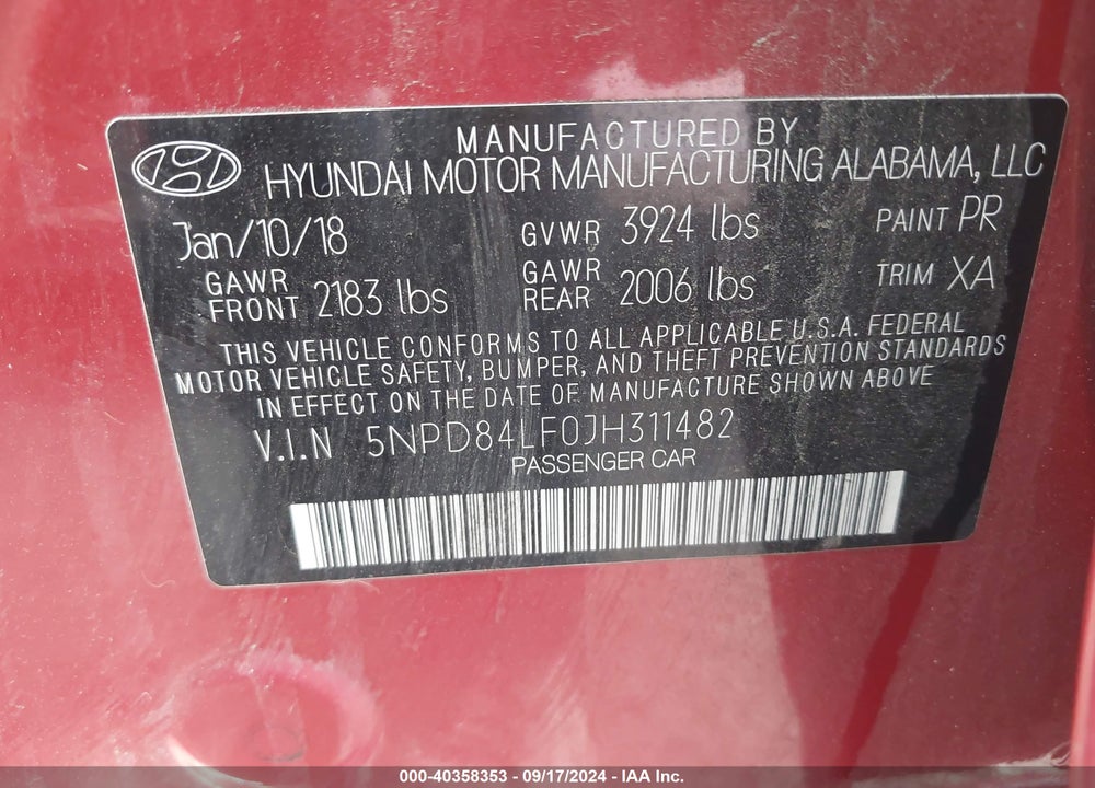 2018 HYUNDAI ELANTRA SEL VIN: 5NPD84LF0JH311482