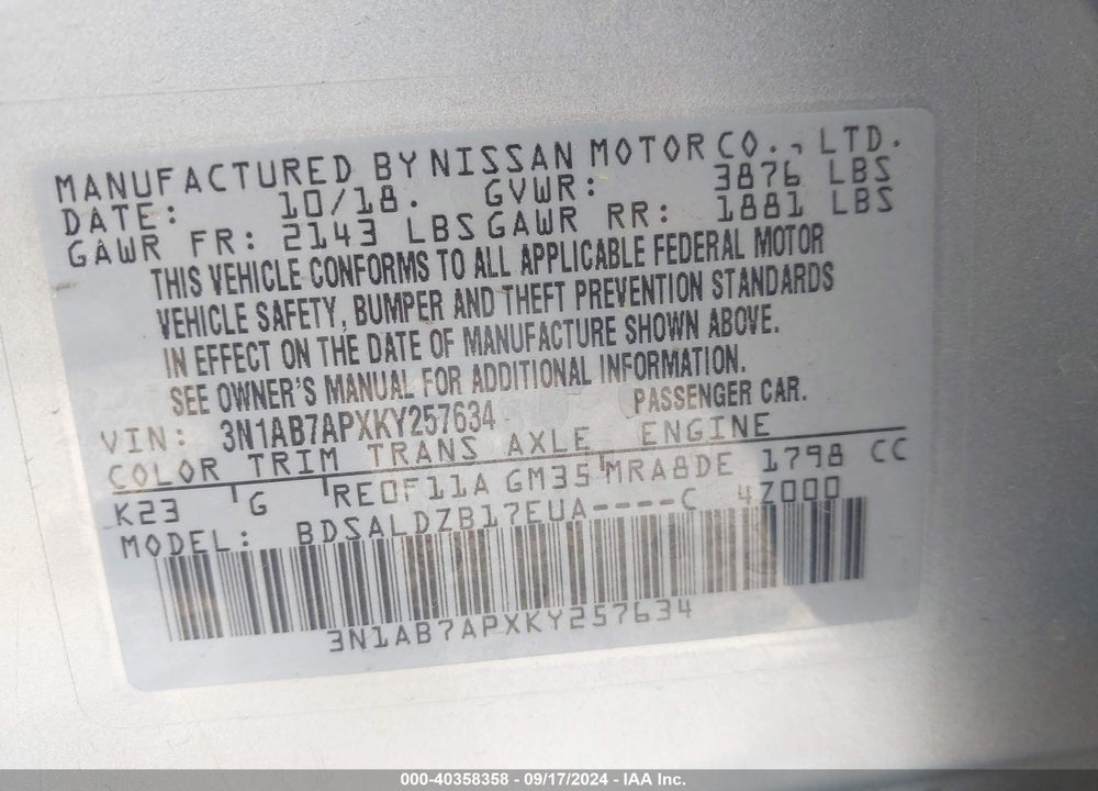 2019 NISSAN SENTRA SV VIN: 3N1AB7APXKY257634