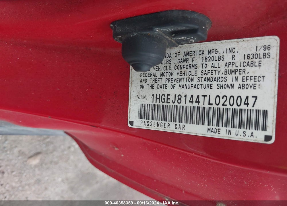 1996 HONDA CIVIC EX VIN: 1HGEJ8144TL020047