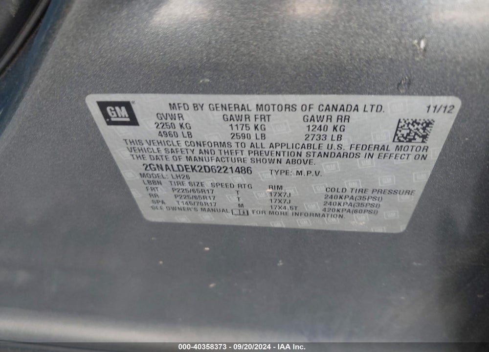 2013 CHEVROLET EQUINOX 1LT VIN: 2GNALDEK2D6221486