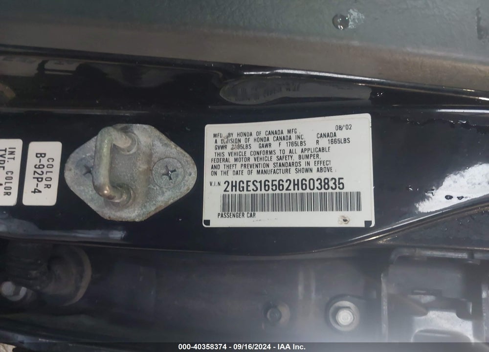 2002 HONDA CIVIC LX VIN: 2HGES16562H603835