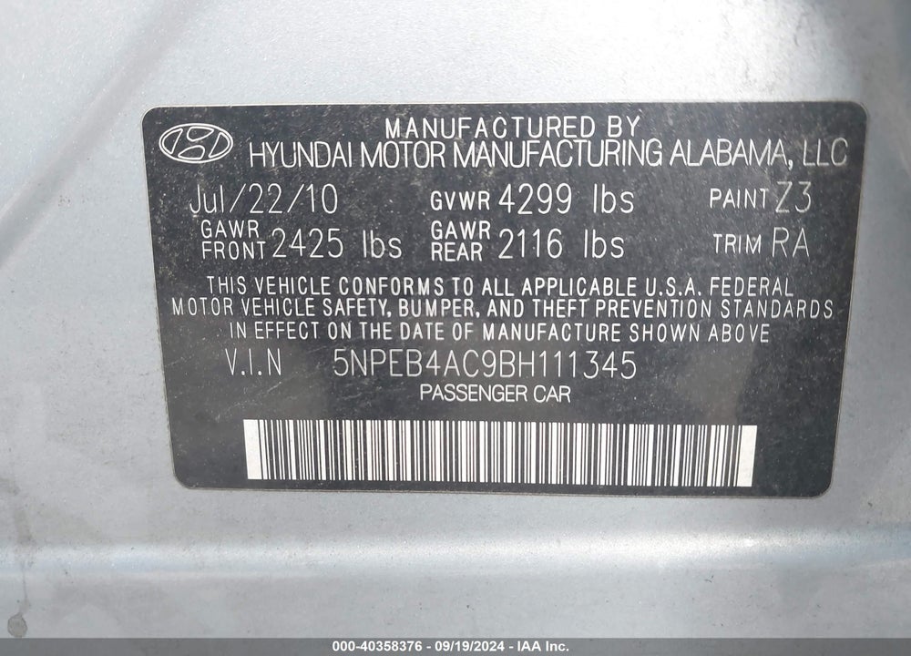 2011 HYUNDAI SONATA GLS VIN: 5NPEB4AC9BH111345