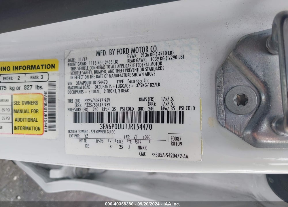 2018 FORD FUSION HYBRID S VIN: 3FA6P0UU1JR154470