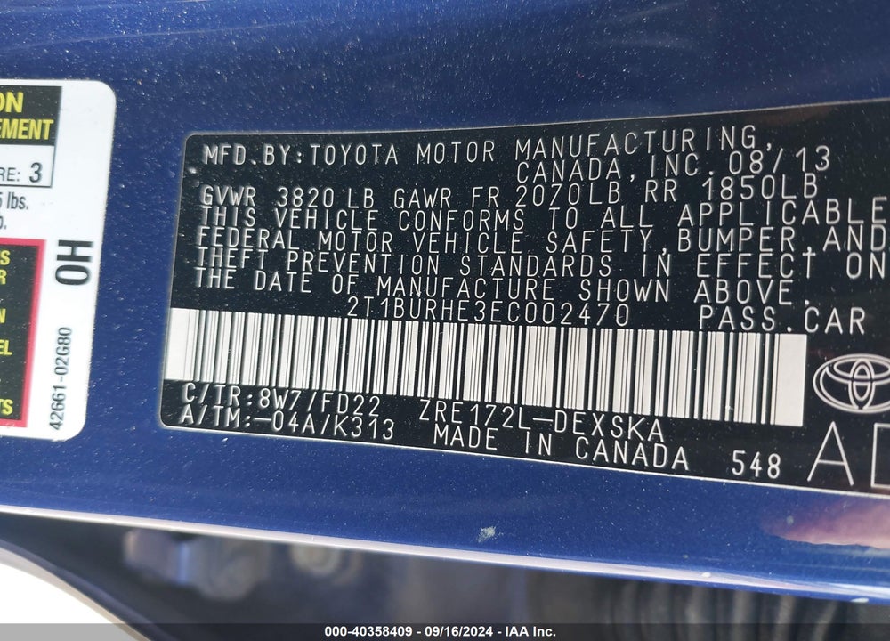 2014 TOYOTA COROLLA S PLUS VIN: 2T1BURHE3EC002470