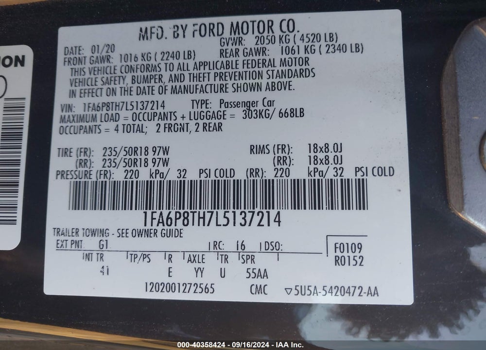 2020 FORD MUSTANG ECOBOOST PREMIUM FASTBACK VIN: 1FA6P8TH7L5137214