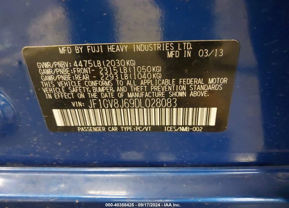 2013 SUBARU IMPREZA WRX STI VIN: JF1GV8J69DL028083