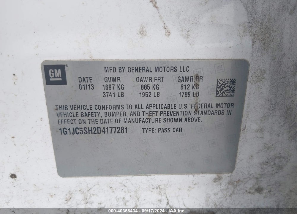 2013 CHEVROLET SONIC LT AUTO VIN: 1G1JC5SH2D4177281