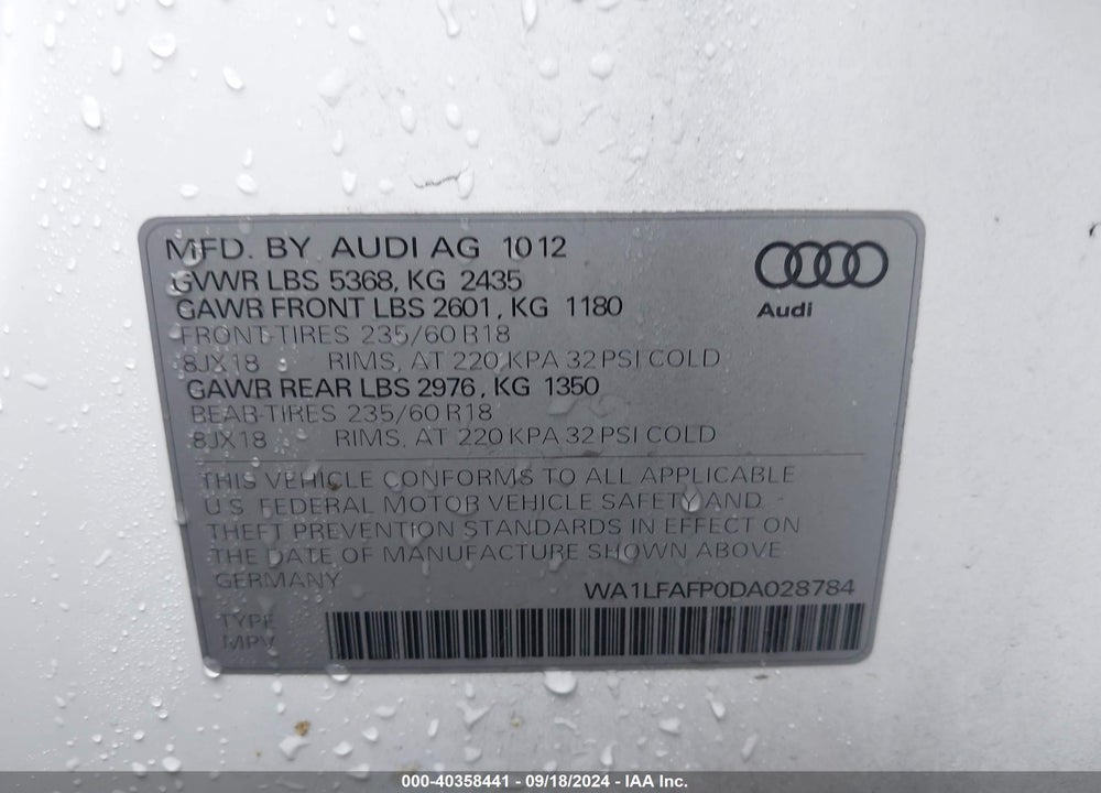 2013 AUDI Q5 2.0T PREMIUM VIN: WA1LFAFP0DA028784