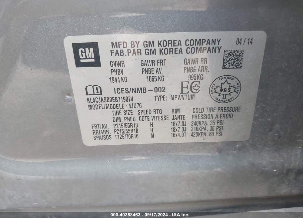 2014 BUICK ENCORE VIN: KL4CJASB0EB719074