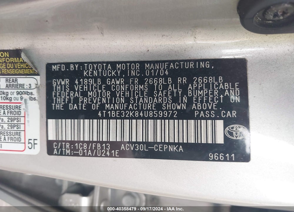 2004 TOYOTA CAMRY LE VIN: 4T1BE32K84U859972