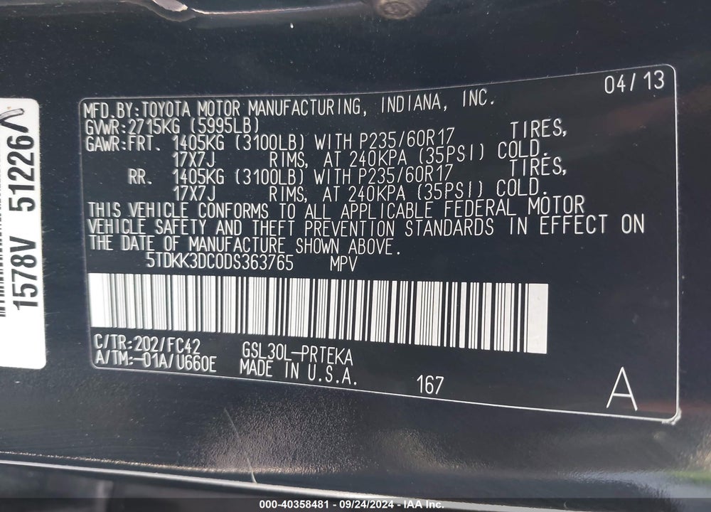 2013 TOYOTA SIENNA LE V6 8 PASSENGER VIN: 5TDKK3DC0DS363765