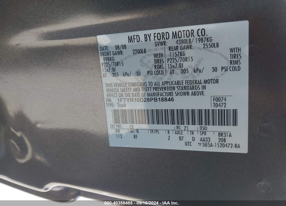 2008 FORD RANGER XL/XLT VIN: 1FTYR10D28PB18846