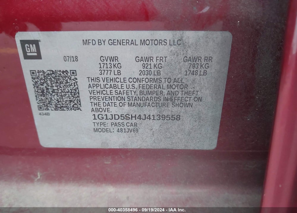 2018 CHEVROLET SONIC LT AUTO VIN: 1G1JD5SH4J4139558