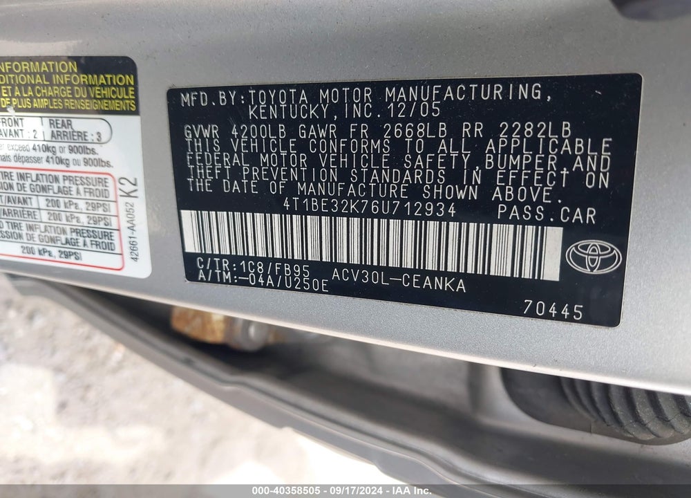 2006 TOYOTA CAMRY LE VIN: 4T1BE32K76U712934