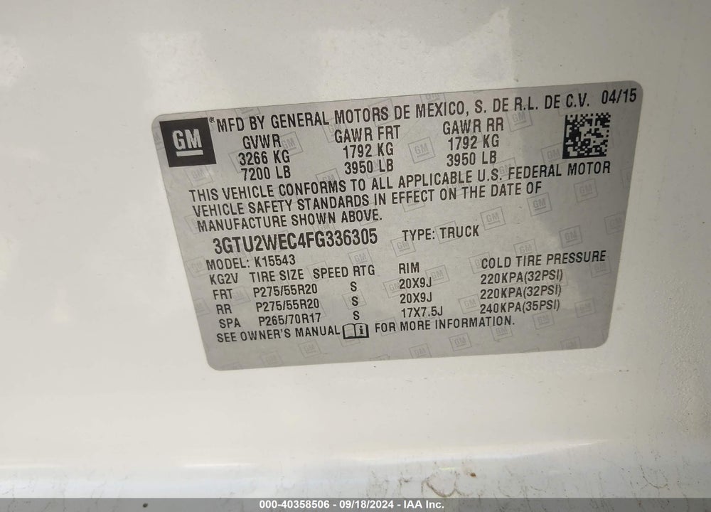2015 GMC SIERRA 1500 DENALI VIN: 3GTU2WEC4FG336305