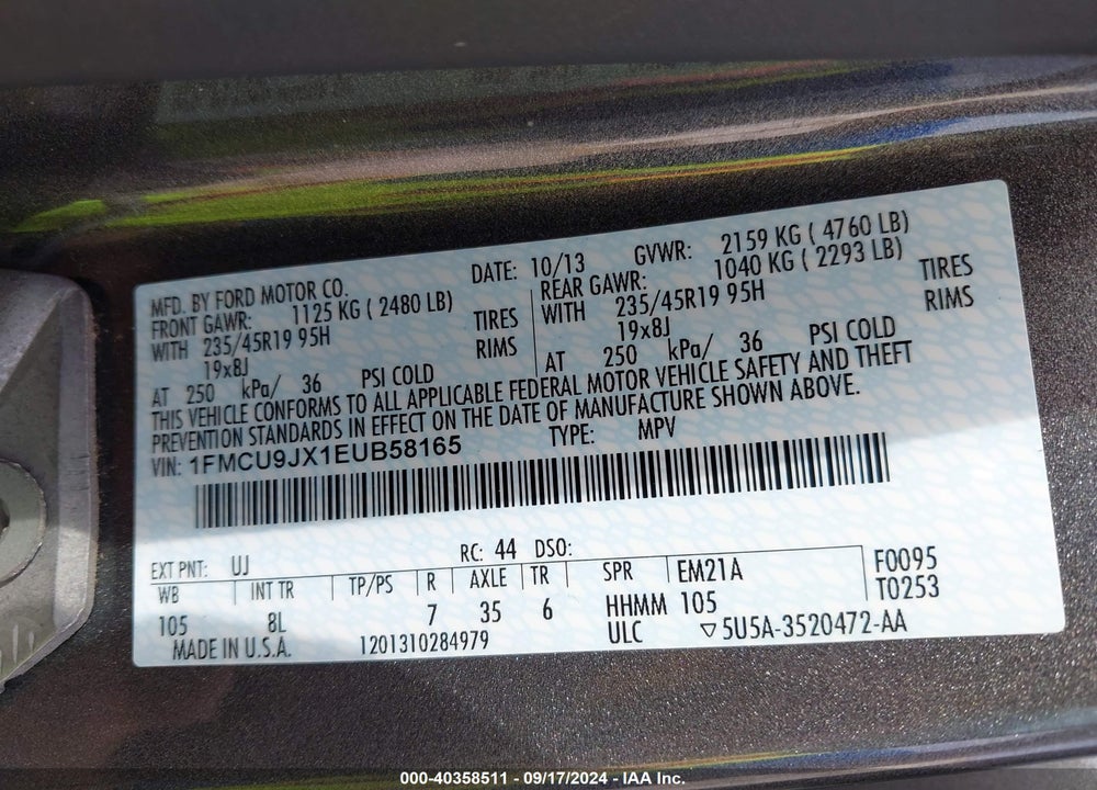2014 FORD ESCAPE TITANIUM VIN: 1FMCU9JX1EUB58165