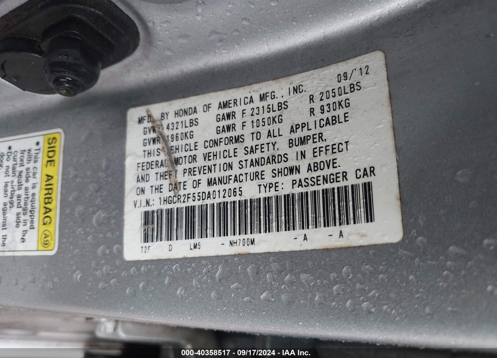2013 HONDA ACCORD SPORT VIN: 1HGCR2F55DA012065